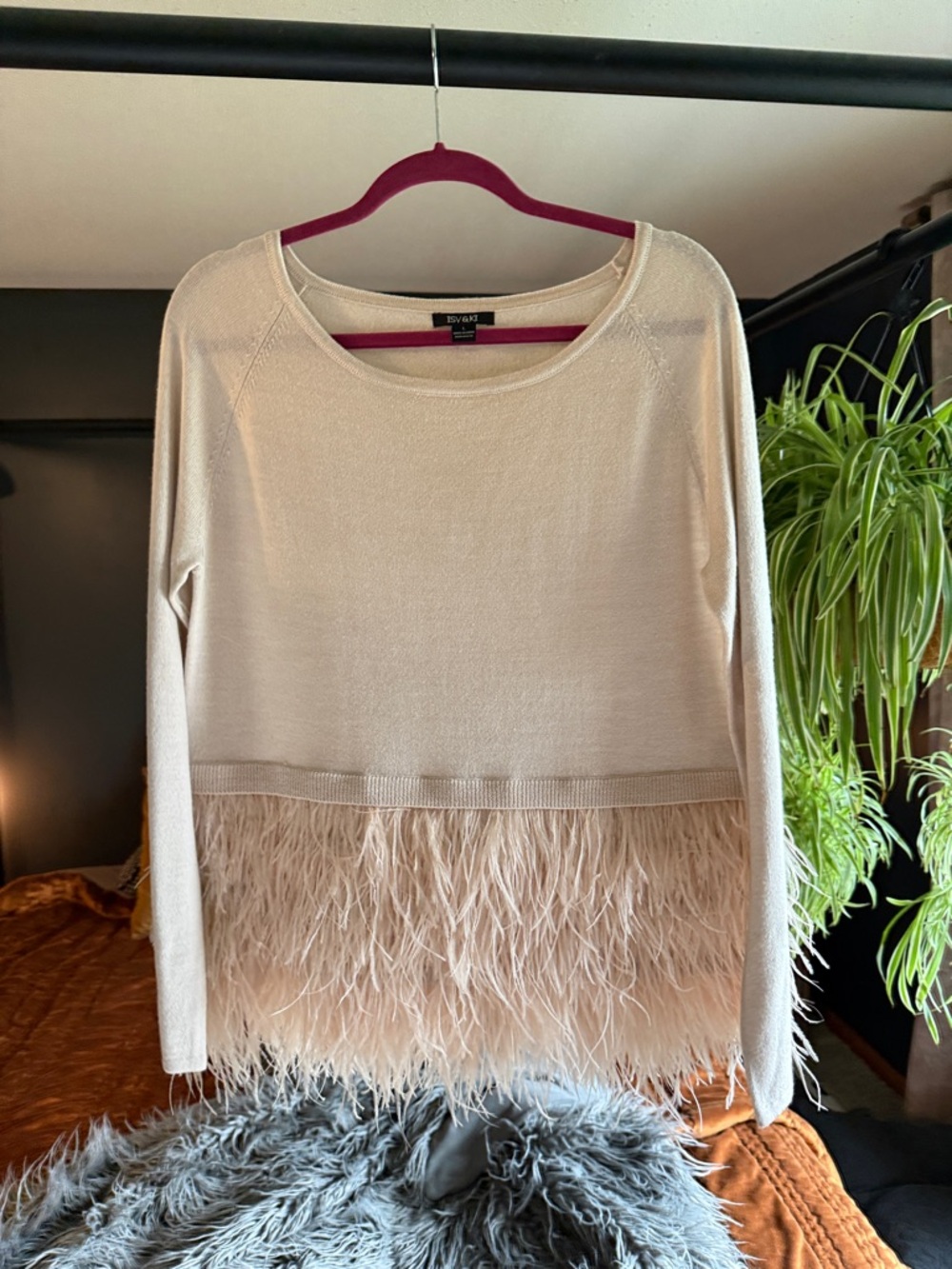 Anthropologie Cream Feather-Hem Pullover Sweater